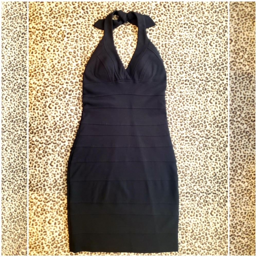 Cache Solid Black Body Con Unlined Stretchy Halter Midi Dress, Size 4, GUC